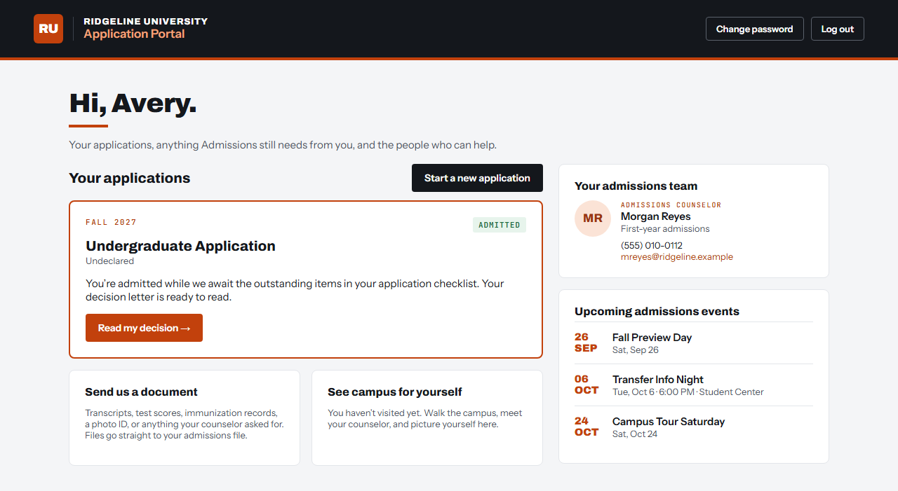Portal home: application status and decision, document upload, the applicant's admissions team, and upcoming events from the campus calendar.