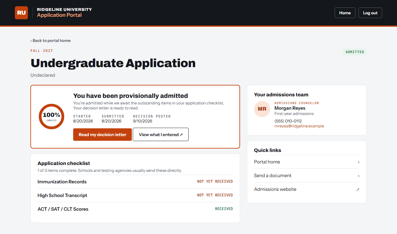 Application detail: completion, decision surfacing and the requirement checklist.