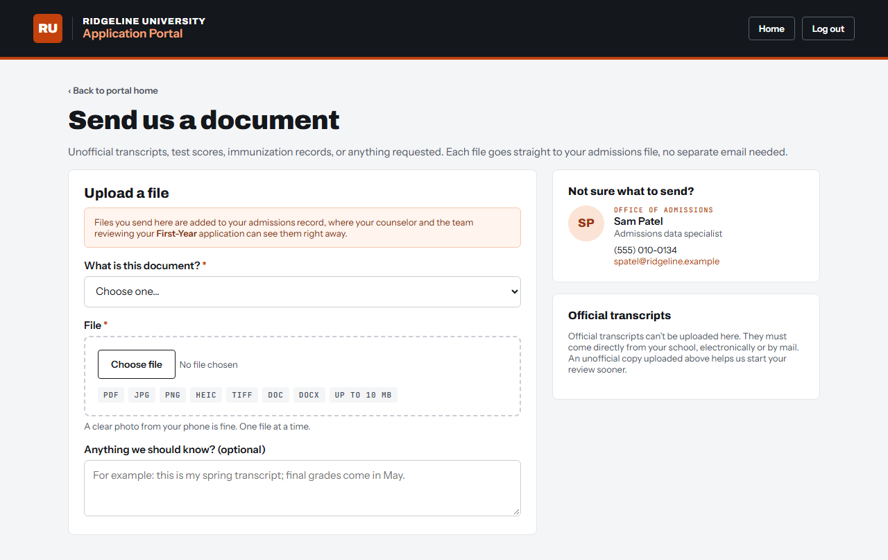 Send a document: uploads go straight to the applicant's contact record.