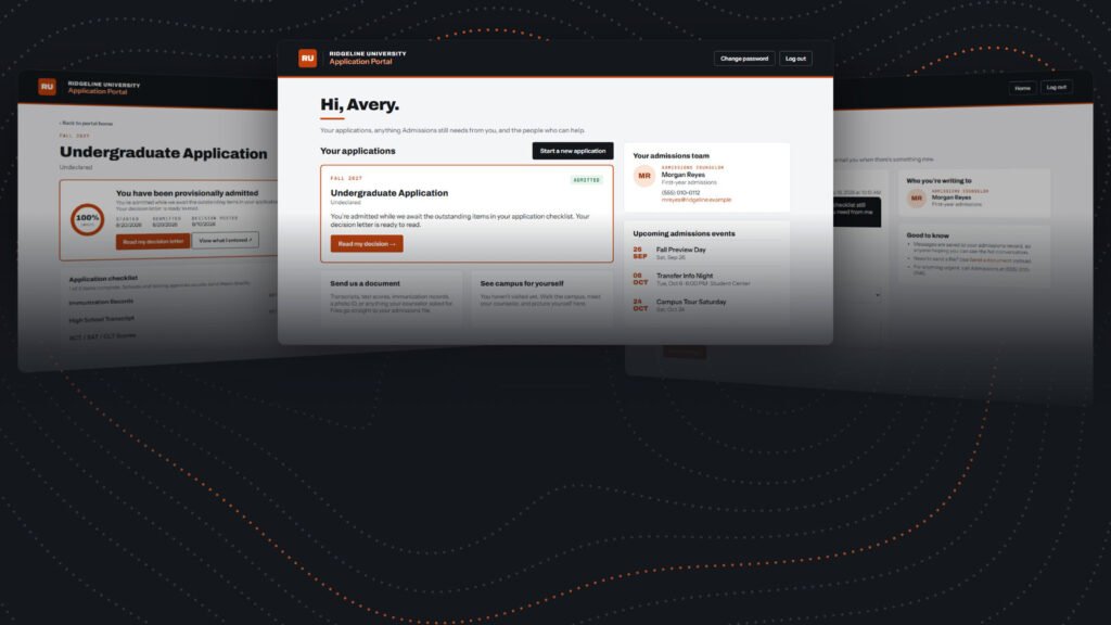 Screens from a fictional university application portal: portal home, application status and messages