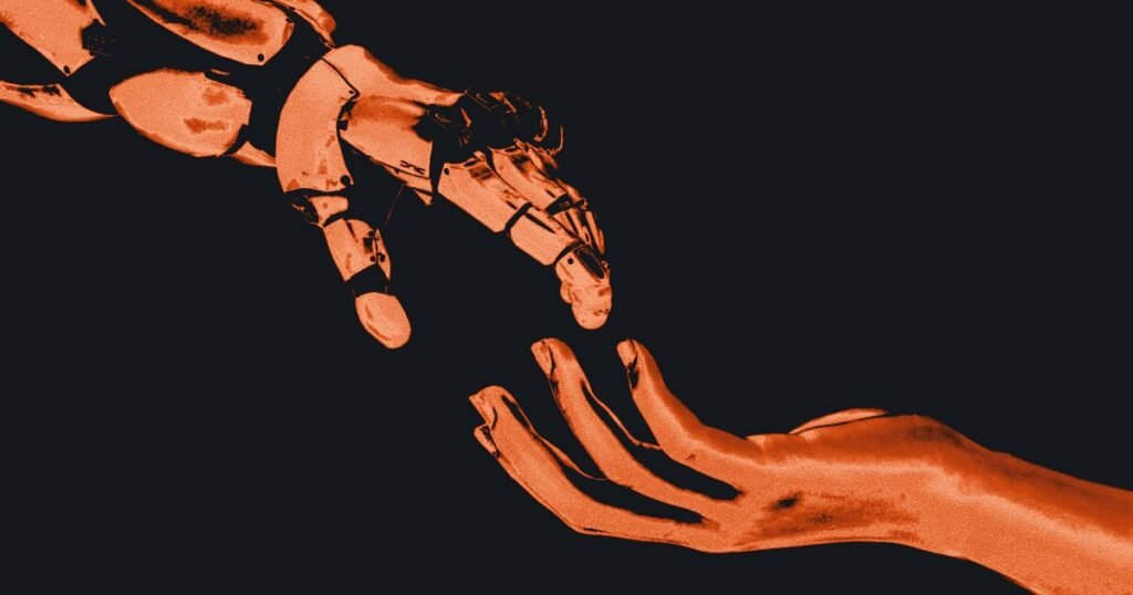 A robotic hand reaching toward a human hand against a bright blue sky
